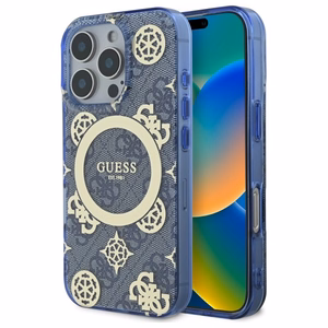 Guess IML bijūnas ant 4G fono Magnetinis dėklas telefonui iPhone 16 Pro - mėlynas