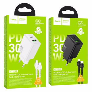 Įkroviklis telefonui Hoco USB A + USB C QC3.0 PD AFC 3A 30W + kabelis USB C į USB C N71 baltas