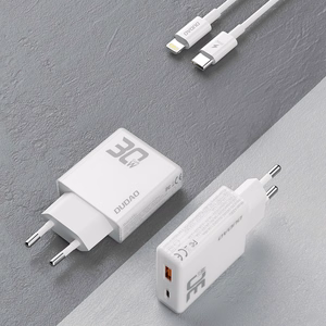 GaN Dudao A30EUL 30W USB-A / USB-C sieninis įkroviklis + USB-C - Lightning kabelis - baltas