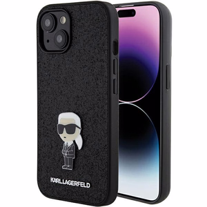 Karl Lagerfeld Fiksuotas blizgučių Ikonik logotipas metalinis kaištis dėklas iPhone 15 - juoda
