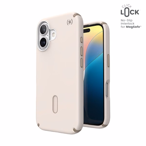 Speck Presidio2 Pro dėklas su MagSafe ir ClickLock, skirtas iPhone 16, „Bleached Bone/Heirloom Gold“