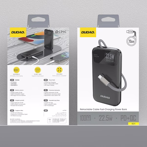 Dudao K31 10000mAh 22.5W PD Išorinė baterija su įmontuotu kabeliu - juoda