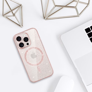 Blizgus magnetinis dėklas telefonui Iphone 14 Pro rožinis skaidrus