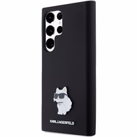 Karl Lagerfeld silikoninis Choupette metalinis smeigtukas dėklas telefonui Samsung Galaxy S23 Ultra - juodas