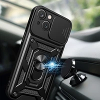 Hybrid Armor Camshield dėklas su stovu ir kameros dangteliu iPhone 15 telefonui - rožinis