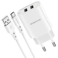 Borofone Sieninis įkroviklis BN2 Super - 2xUSB - 2,1A su USB į Type C baltas