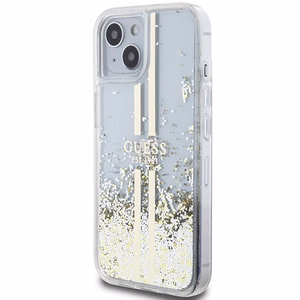 Guess Liquid Glitter Gold Stripes dėklas telefonui iPhone 15 Plus / 14 Plus - permatomas