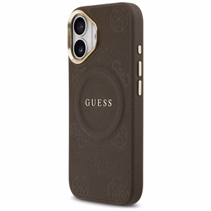 GUESS dėklas telefonui IPHONE 17, suderinamas su MagSafe GUHMP17SPSAMSECW (PU W/ Peony Hot Stamp) rudas