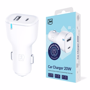 3mk automobilinis įkroviklis 20W PD 3.0 QC 3.0 USB 1A1C, baltas