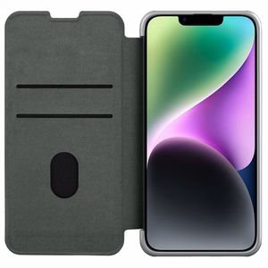 Nillkin Qin audinio dėklas iPhone 14 Plus su kameros dangteliu ir dėklu pilkas