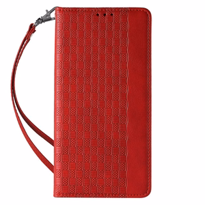 Magnetinis dirželio dėklas telefonui iPhone 14 Plus su atverčiamu dangteliu, pinigine, mini dirželiu ir stovu, raudonas