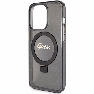 Guess dėklas telefonui su stovu Ring Stand Script Glitter magnetinis iPhone 15 Pro - juodas