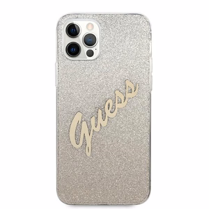 Guess GUHCP12LPCUGLSGO iPhone 12 Pro Max 6.7" auksinis kietasis dėklas Glitter Gradient Script