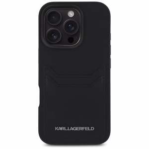 Karl Lagerfeld HC Grūdinto PU dėklas su kortelių skyriumi ir metaliniu Elong iPhone 16 Pro - juodas