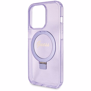 Guess Magnetinis dėklas telefonui su žiediniu stovu Script Glitter MagSafe iPhone 14 Pro - violetinė
