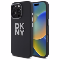 DKNY skystos silikoninės medžiagos dėklas telefonui su metaliniu logotipu iPhone 16 Pro - juodas