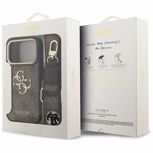 Guess 4G Didelis 4G Klasikinis Logotipas Didelis Dirželis Metaliniai Mygtukai dėklas telefonui iPhone 17 Pro rudas