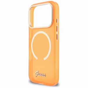 Guess IML Script Metal MagSafe Dėklas for iPhone 17 Pro - oranžinis