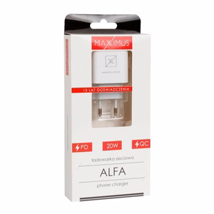 Sieninis įkroviklis MX ALFA 20W PD+QC, USB-A+C baltas TTT