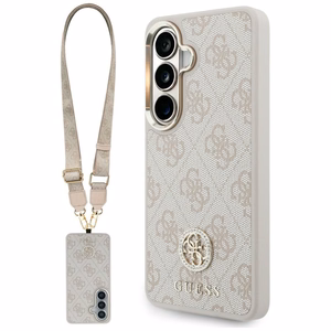 Guess 4G Big Rhinestone Triangle Strap MagSafe dėklas + dirželis Samsung Galaxy S26 rožinis