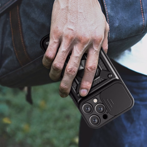 Hybrid Armor Camshield šarvuotas dėklas telefonui iPhone 16 Pro Max su kameros dangteliu ir stovu - juodas