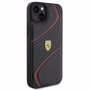 Ferrari dygsniuotas metalo logotipa dėklas iPhone 15 Plus – juodas