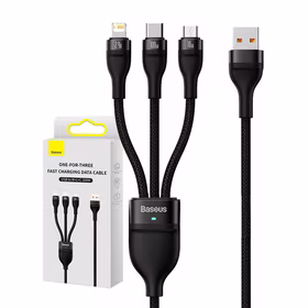 3in1 USB kabelis Baseus Flash Series, USB-C + micro USB + Lightning, 100W, 1.2m (juodas)