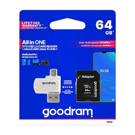GoodRam atminties kortelė 64GB microSDHC cl. 10 UHS-I + adapteris + kortelių skaitytuvas