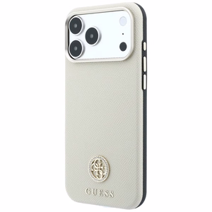 Guess Grained Round Strass Logo MagSafe dėklas iPhone 18 Pro Max / 17 Pro Max – smėlinis