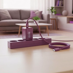 Bordo spalvos 60 W sieninis įkroviklis „Forcell F-Energy GaN III Crystal Color VT-60“, 2 × USB-C, AVS/PPS, su 1 m 60 W silikoniniu USB-C–USB-C kabeliu