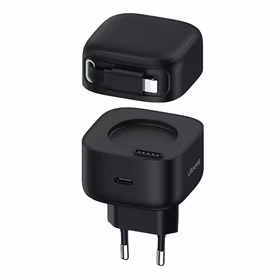 USAMS Tinklo įkroviklis 1xUSB-C su suvyniojamuoju Lightning laidu PD+QC 35W Gan Fast Charging juodas XMF Series CC209TC01 (US-CC209)