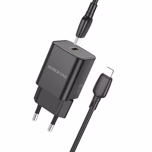 Borofone Sieninis įkroviklis BN13 Safety GaN - Type C - PD 30W su Type C į Lightning kabeliu juodas