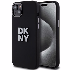 DKNY skystojo silikono metalinio logotipo dėklas telefonui iPhone 15 Plus / 14 Plus - juodas