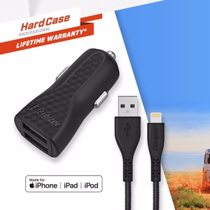 Energizer HardCase DC2CLLIM car charger, 2 × USB-A, 17 W / 3.4 A, with MFi-certified Lightning cable, black