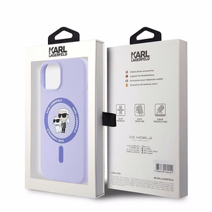 Karl Lagerfeld silikoninis Karl&Choupette galvų žiedas Magnetinis iPhone 15 dėklas - Violetinis