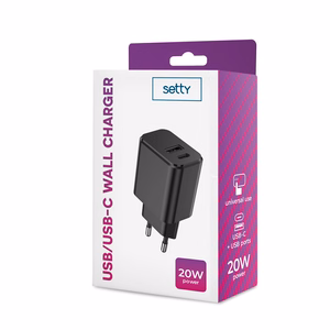 "Setty" įkroviklis 1x USB + USB-C 3A 20W, juodas