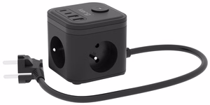 KERG 3 lizdų maitinimo kubas + greitas įkroviklis USB-A+USB-C 1.5m 3×1.5mm2 H05VV-F 16A/250V~ Smart juodas