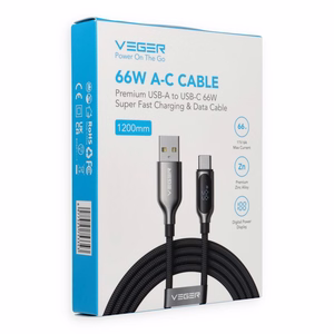 Kabelis su LED ekranu, USB A į Type C, VEGER PD 3A 66W, AC1-XHJ, 1,2 m, juodas