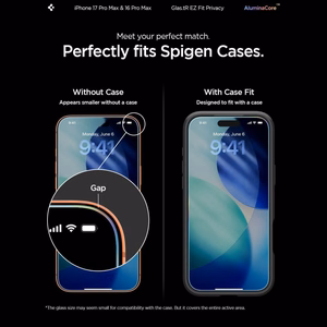 Spigen Glas.tR EZ Fit privatumo grūdintų apsauginių stiklų rinkinys iPhone 16 Pro Max / 17 Pro Max telefonams – 2 vnt.
