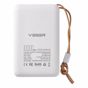 VEGER išorinė baterija 10000 mAh su belaidžiu įkrovimu, suderinama su MagSafe PD QC3.0 2A 20W MagOn (VP1151 / W1151) balta