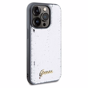 Guess Sequin Script Metal dėklas telefonui iPhone 14 Pro - sidabrinis