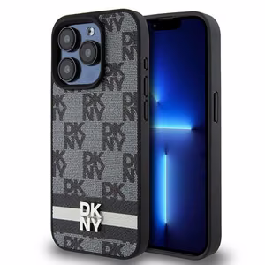 DKNY Leather Checkered Mono Pattern & Printed Stripes Чехол для iPhone 15 Pro Max - чёрный
