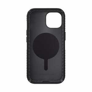 Speck Presidio2 Grip MagSafe dėklas, skirtas iPhone 17e / 16e / 15 / 14 / 13, juodas su skalūno pilkos spalvos detalėmis