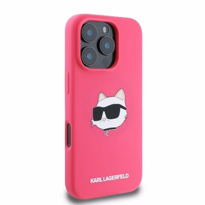 Karl Lagerfeld silikoninis dėklas telefonui Choupette Head Print Magnetinis iPhone 16 Pro Max - fuksija