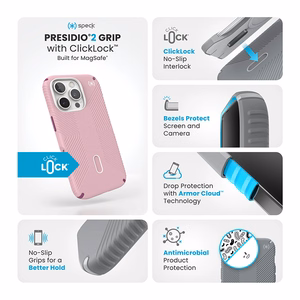 Speck Presidio2 Grip ClickLock & MagSafe dėklas, skirtas iPhone 16 Pro, „Wednesday Pink“ / „Boysenberry Purple“ / baltas