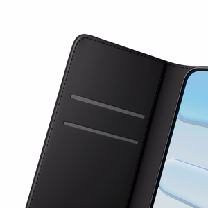 Puro dėklas telefonui su stovu iPhone 17 Pro pagamintas iš ekologiškos odos, su atvartu, pinigine ir stovo funkcija - juodas