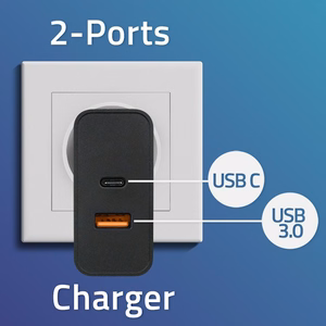 Qoltec 52381 Super Quick PD įkroviklis | 1xUSB-C | 1xUSB | 90W | 5-20V | 2.4-4.35A | juodas
