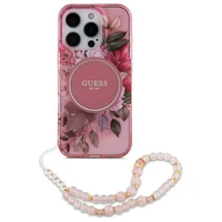 Guess IML Flowers With Pearl Strap MagSafe iPhone 16 Pro Max dėklas - Pink