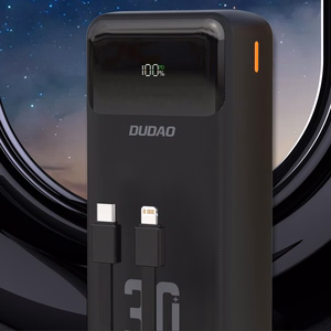 Dudao K15MAX 30000mAh PD 22.5W Išorinė baterija su įmontuotais kabeliais - juoda