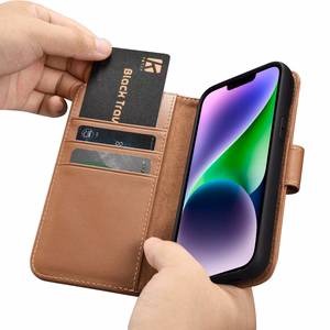 iCarer Piniginės dėklas 2in1 viršelis iPhone 14 Plus Anti-RFID odinis atverčiamas dėklas rudas (WMI14220727-BN)